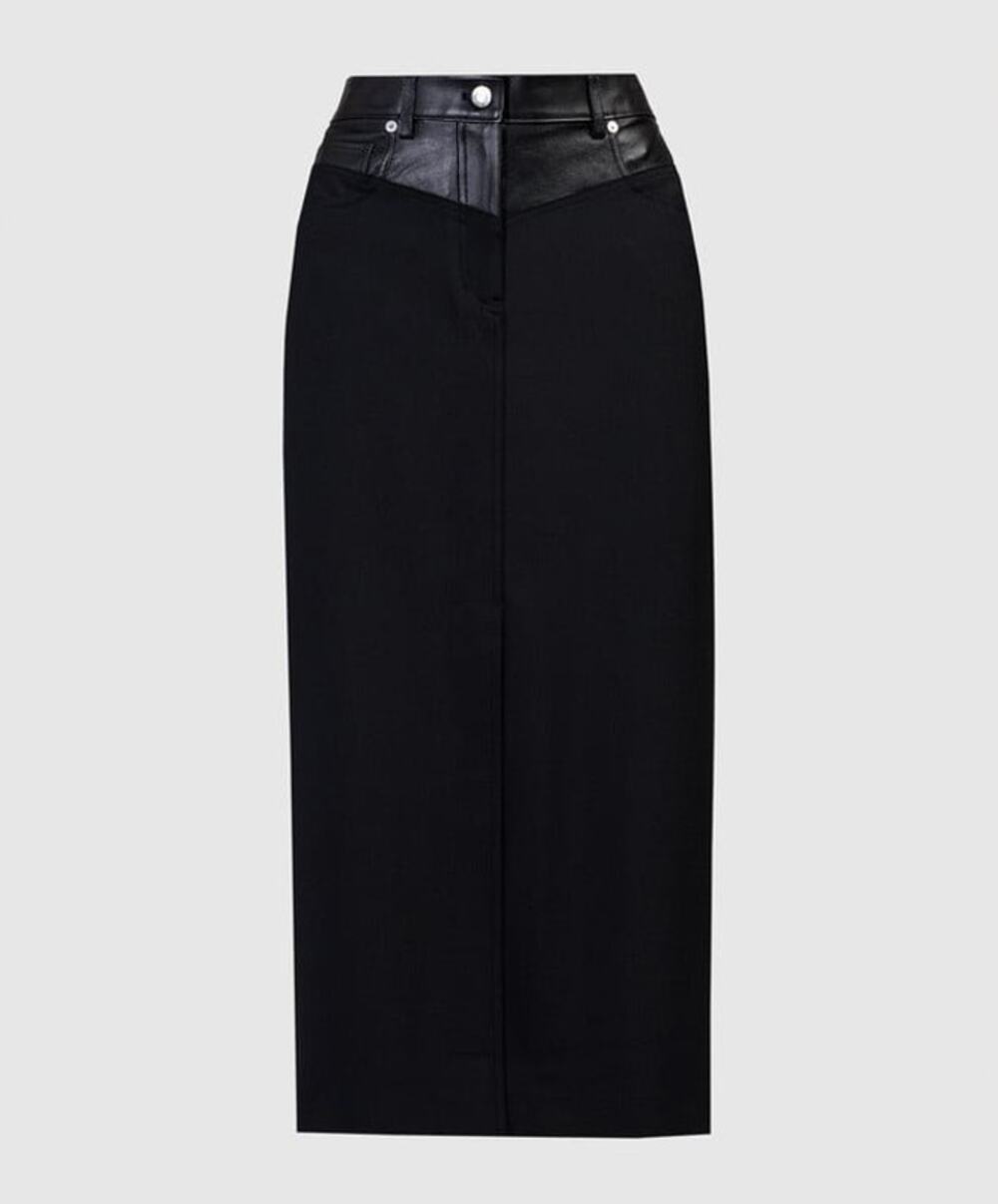 Helmut Lang High Rise Black Leather Panel Wool Blend Garter Midi Skirt-Size 6